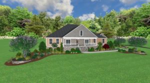 architectural design of front lawn of home with grey vaulted roof porch forest behind home