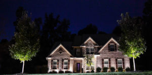 view of front yard at night with landscape lighting and two large trees on either side of brick home