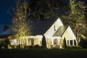 night time view of white home with trees around and lighting clean landscaping